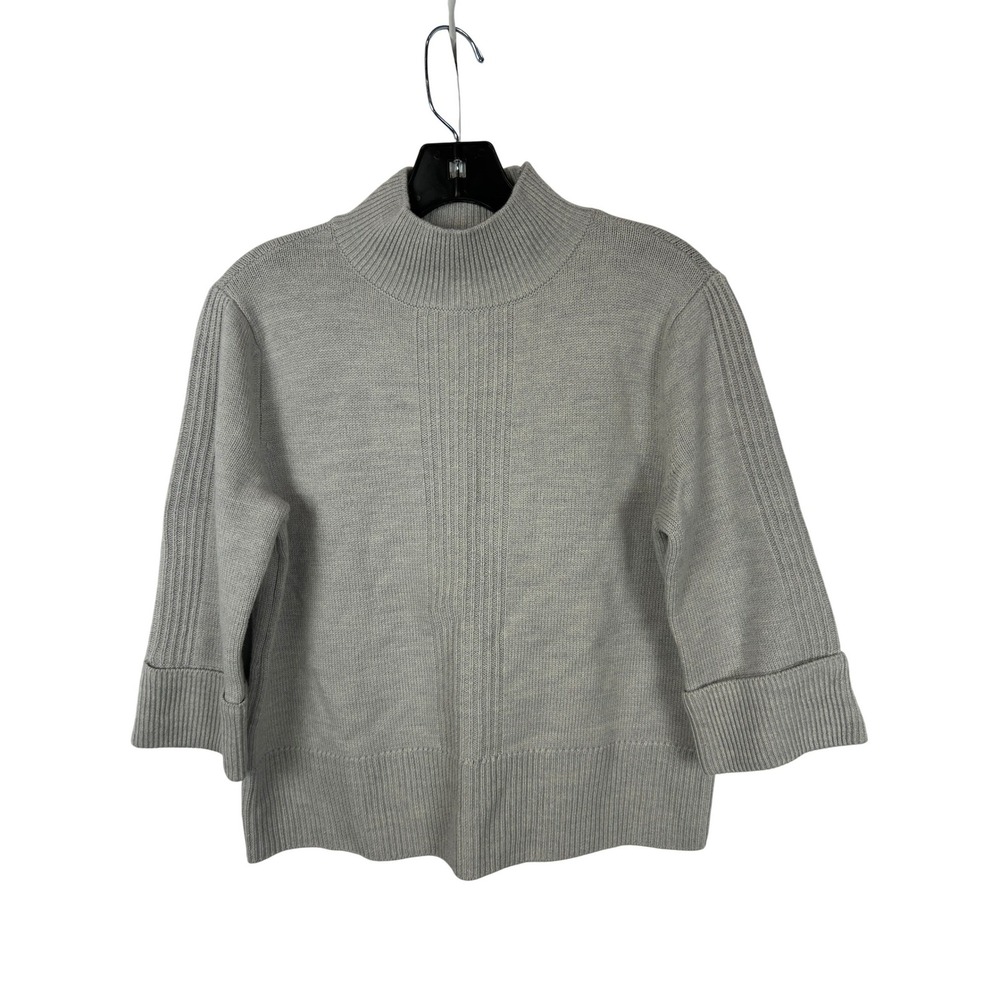 Merino Wool Gray Mock neck Sweater Cynthia Rowley 3/4 Sleeve Quiet Luxury Top M